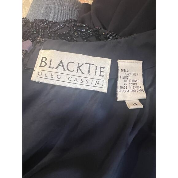 Black Tie Oleg Cassini Dress Size 14 Navy Blue Beaded Long Sleeve Lined Zip Back - Picture 5 of 5